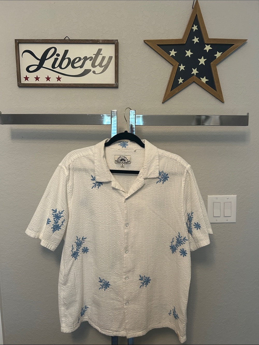 Free Planet White Seersucker Camp Shirt with Blue Floral Embroidery